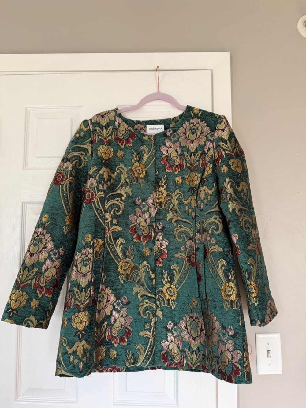 Peck & Peck VTG Style Floral Tapestry Coat Teal Green Brocade Jacket